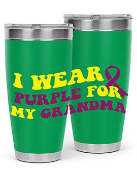 Alzheimer's Awareness Tumbler featuring a stylish design, double wall vacuum stainless steel construction, and a drink-thru lid.