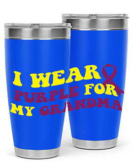 Alzheimer's Awareness Tumbler featuring a stylish design, double wall vacuum stainless steel construction, and a drink-thru lid.