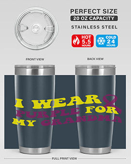 Alzheimer's Awareness Tumbler featuring a stylish design, double wall vacuum stainless steel construction, and a drink-thru lid.