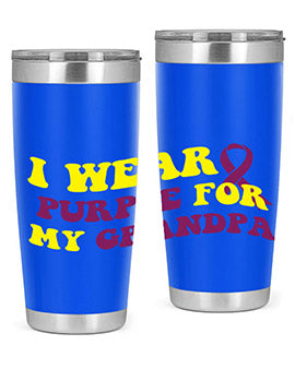 Alzheimer's Awareness Tumbler in 20oz and 30oz sizes, featuring a double wall vacuum stainless steel design with a vibrant awareness print.