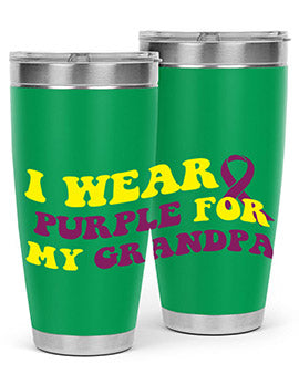 Alzheimer's Awareness Tumbler in 20oz and 30oz sizes, featuring a double wall vacuum stainless steel design with a vibrant awareness print.
