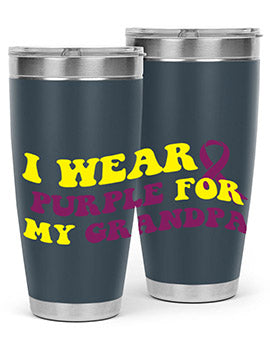 Alzheimer's Awareness Tumbler in 20oz and 30oz sizes, featuring a double wall vacuum stainless steel design with a vibrant awareness print.