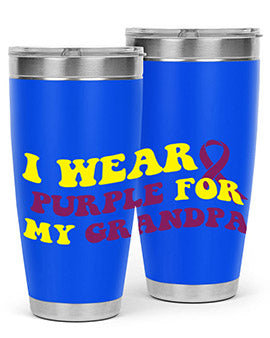 Alzheimer's Awareness Tumbler in 20oz and 30oz sizes, featuring a double wall vacuum stainless steel design with a vibrant awareness print.