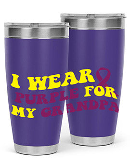 Alzheimer's Awareness Tumbler in 20oz and 30oz sizes, featuring a double wall vacuum stainless steel design with a vibrant awareness print.