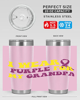 Alzheimer's Awareness Tumbler in 20oz and 30oz sizes, featuring a double wall vacuum stainless steel design with a vibrant awareness print.