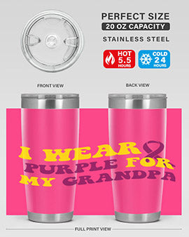Alzheimer's Awareness Tumbler in 20oz and 30oz sizes, featuring a double wall vacuum stainless steel design with a vibrant awareness print.
