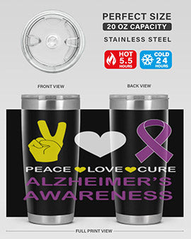 Alzheimer's Awareness Style 70# Tumbler in 20oz and 30oz sizes, featuring a double wall vacuum stainless steel design with a drink-thru lid.
