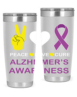 Alzheimer's Awareness Style 70# Tumbler in 20oz and 30oz sizes, featuring a double wall vacuum stainless steel design with a drink-thru lid.