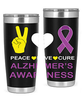 Alzheimer's Awareness Style 70# Tumbler in 20oz and 30oz sizes, featuring a double wall vacuum stainless steel design with a drink-thru lid.