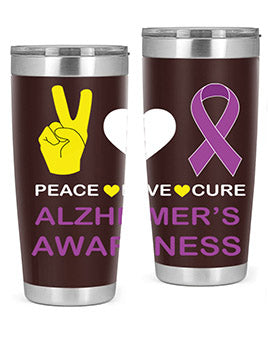 Alzheimer's Awareness Style 70# Tumbler in 20oz and 30oz sizes, featuring a double wall vacuum stainless steel design with a drink-thru lid.