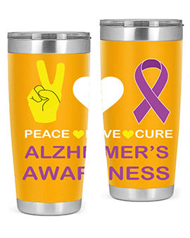Alzheimer's Awareness Style 70# Tumbler in 20oz and 30oz sizes, featuring a double wall vacuum stainless steel design with a drink-thru lid.