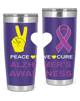 Alzheimer's Awareness Style 70# Tumbler in 20oz and 30oz sizes, featuring a double wall vacuum stainless steel design with a drink-thru lid.