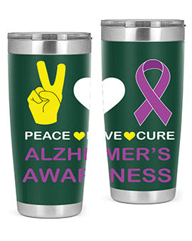 Alzheimer's Awareness Style 70# Tumbler in 20oz and 30oz sizes, featuring a double wall vacuum stainless steel design with a drink-thru lid.