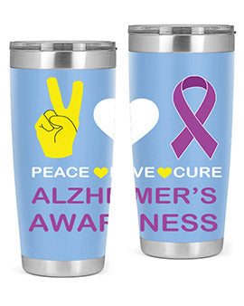 Alzheimer's Awareness Style 70# Tumbler in 20oz and 30oz sizes, featuring a double wall vacuum stainless steel design with a drink-thru lid.
