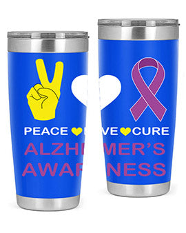 Alzheimer's Awareness Style 70# Tumbler in 20oz and 30oz sizes, featuring a double wall vacuum stainless steel design with a drink-thru lid.
