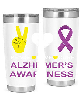 Alzheimer's Awareness Style 70# Tumbler in 20oz and 30oz sizes, featuring a double wall vacuum stainless steel design with a drink-thru lid.