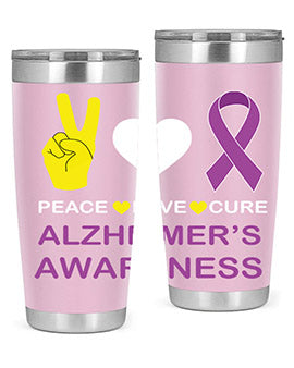 Alzheimer's Awareness Style 70# Tumbler in 20oz and 30oz sizes, featuring a double wall vacuum stainless steel design with a drink-thru lid.