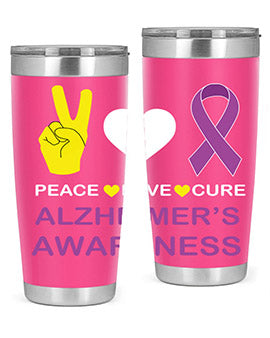 Alzheimer's Awareness Style 70# Tumbler in 20oz and 30oz sizes, featuring a double wall vacuum stainless steel design with a drink-thru lid.