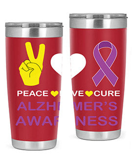 Alzheimer's Awareness Style 70# Tumbler in 20oz and 30oz sizes, featuring a double wall vacuum stainless steel design with a drink-thru lid.