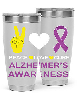 Alzheimer's Awareness Style 70# Tumbler in 20oz and 30oz sizes, featuring a double wall vacuum stainless steel design with a drink-thru lid.
