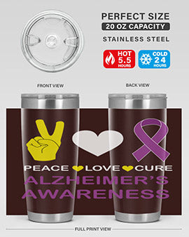 Alzheimer's Awareness Style 70# Tumbler in 20oz and 30oz sizes, featuring a double wall vacuum stainless steel design with a drink-thru lid.