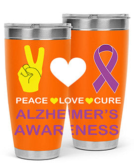 Alzheimer's Awareness Style 70# Tumbler in 20oz and 30oz sizes, featuring a double wall vacuum stainless steel design with a drink-thru lid.