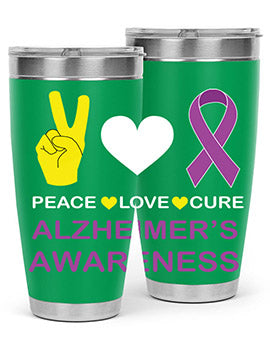 Alzheimer's Awareness Style 70# Tumbler in 20oz and 30oz sizes, featuring a double wall vacuum stainless steel design with a drink-thru lid.