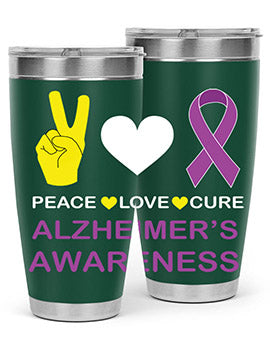 Alzheimer's Awareness Style 70# Tumbler in 20oz and 30oz sizes, featuring a double wall vacuum stainless steel design with a drink-thru lid.