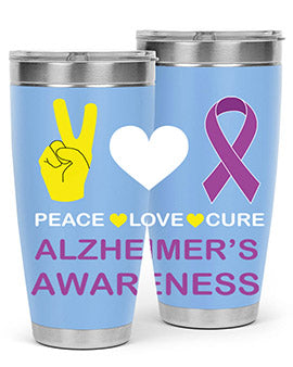 Alzheimer's Awareness Style 70# Tumbler in 20oz and 30oz sizes, featuring a double wall vacuum stainless steel design with a drink-thru lid.