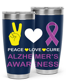 Alzheimer's Awareness Style 70# Tumbler in 20oz and 30oz sizes, featuring a double wall vacuum stainless steel design with a drink-thru lid.