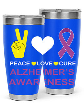 Alzheimer's Awareness Style 70# Tumbler in 20oz and 30oz sizes, featuring a double wall vacuum stainless steel design with a drink-thru lid.