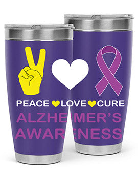 Alzheimer's Awareness Style 70# Tumbler in 20oz and 30oz sizes, featuring a double wall vacuum stainless steel design with a drink-thru lid.