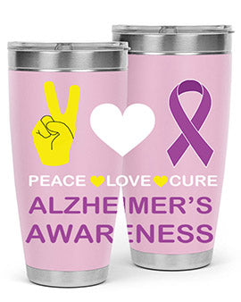Alzheimer's Awareness Style 70# Tumbler in 20oz and 30oz sizes, featuring a double wall vacuum stainless steel design with a drink-thru lid.