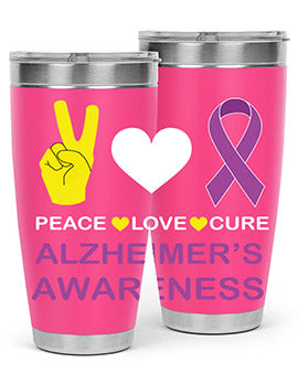 Alzheimer's Awareness Style 70# Tumbler in 20oz and 30oz sizes, featuring a double wall vacuum stainless steel design with a drink-thru lid.