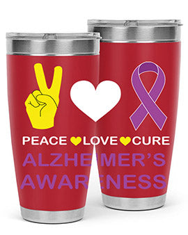 Alzheimer's Awareness Style 70# Tumbler in 20oz and 30oz sizes, featuring a double wall vacuum stainless steel design with a drink-thru lid.