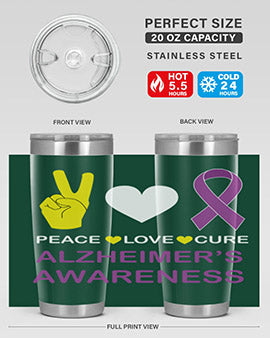 Alzheimer's Awareness Style 70# Tumbler in 20oz and 30oz sizes, featuring a double wall vacuum stainless steel design with a drink-thru lid.