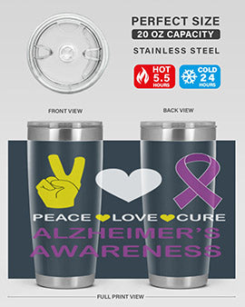 Alzheimer's Awareness Style 70# Tumbler in 20oz and 30oz sizes, featuring a double wall vacuum stainless steel design with a drink-thru lid.