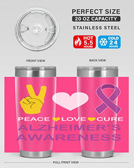 Alzheimer's Awareness Style 70# Tumbler in 20oz and 30oz sizes, featuring a double wall vacuum stainless steel design with a drink-thru lid.