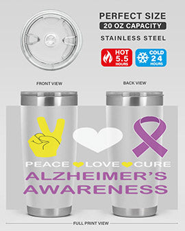 Alzheimer's Awareness Style 70# Tumbler in 20oz and 30oz sizes, featuring a double wall vacuum stainless steel design with a drink-thru lid.