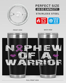 Alzheimer's Awareness Tumbler in 20oz and 30oz sizes, featuring a double wall vacuum stainless steel design with a vibrant awareness print.