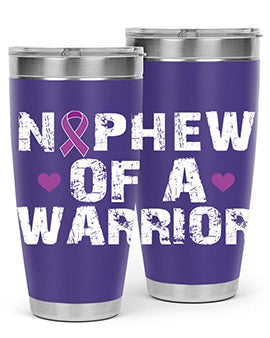 Alzheimer's Awareness Tumbler in 20oz and 30oz sizes, featuring a double wall vacuum stainless steel design with a vibrant awareness print.