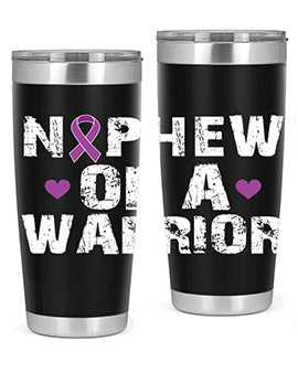 Alzheimer's Awareness Tumbler in 20oz and 30oz sizes, featuring a double wall vacuum stainless steel design with a vibrant awareness print.