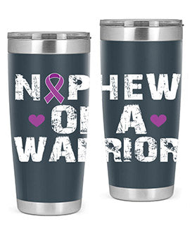 Alzheimer's Awareness Tumbler in 20oz and 30oz sizes, featuring a double wall vacuum stainless steel design with a vibrant awareness print.