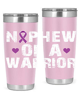 Alzheimer's Awareness Tumbler in 20oz and 30oz sizes, featuring a double wall vacuum stainless steel design with a vibrant awareness print.