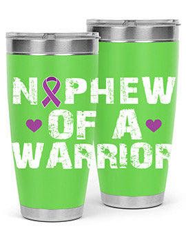 Alzheimer's Awareness Tumbler in 20oz and 30oz sizes, featuring a double wall vacuum stainless steel design with a vibrant awareness print.