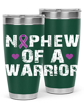 Alzheimer's Awareness Tumbler in 20oz and 30oz sizes, featuring a double wall vacuum stainless steel design with a vibrant awareness print.
