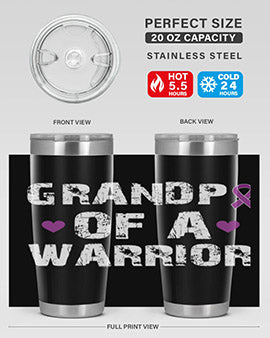 Alzheimer's Awareness Tumbler in stainless steel with a vibrant design, showcasing its double wall vacuum insulation and drink-thru lid.