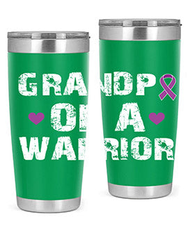 Alzheimer's Awareness Tumbler in stainless steel with a vibrant design, showcasing its double wall vacuum insulation and drink-thru lid.