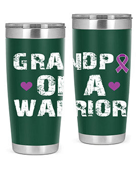 Alzheimer's Awareness Tumbler in stainless steel with a vibrant design, showcasing its double wall vacuum insulation and drink-thru lid.