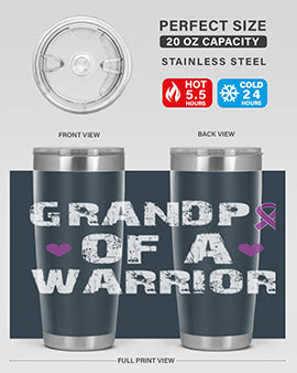 Alzheimer's Awareness Tumbler in stainless steel with a vibrant design, showcasing its double wall vacuum insulation and drink-thru lid.